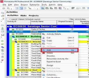Primavera P6 Activities window showing right-click context menu with Add option highlighted for inserting a new activity