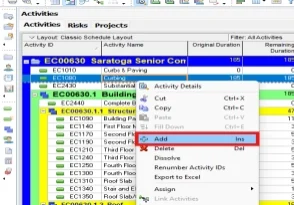 Primavera P6 Activities window showing right-click context menu with Add option highlighted for inserting a new activity